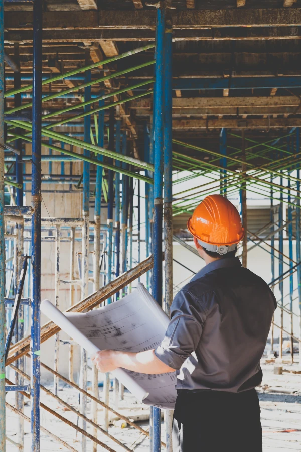 Un homme avec des plans dans ses mains regarde les avancés des travaux